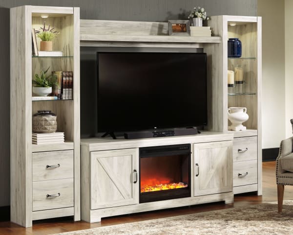Bellaby - Whitewash - 5 Pc. - Entertainment Center - 63" TV Stand with Fireplace Insert Glass/Stone