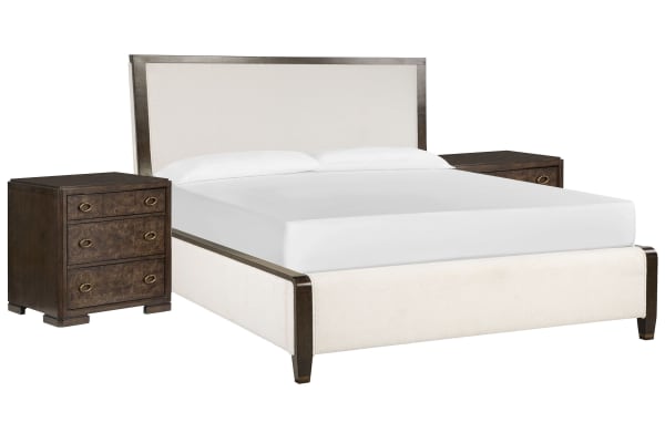 Rowan - Queen Upholstered Panel Bed With 2 Nightstands - Espresso / Beige