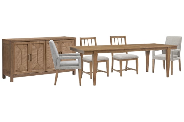 Lindon - Extendable Rectangular Dining Table With 2 Side Chairs, 2 Arm Chairs And Buffet - Belgian Wheat / Gray