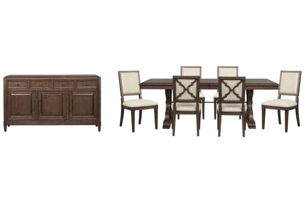 Jubilee - Extendable Trestle Dining Table With 6 Side Chairs And Sideboard - Brown / White
