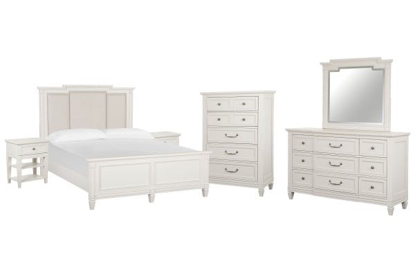 Willowbrook - California King Panel Upholstered Bed, 2 Open Nightstands, Drawer Dresser With Landscape Mirror And Drawer Chest - Egg Shell White