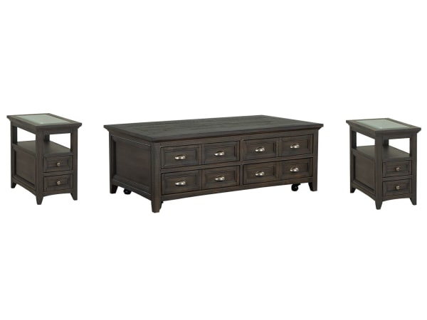 Westley Falls - Lift Top Storage Cocktail Table With 2 Chairside End Tables - Graphite