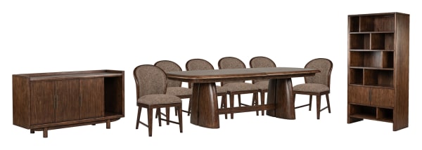 Belville - Extendable Trestle Dining Table With 6 Upholstered Side Chairs, Sideboard And Display Cabinet - Chestnut Brown