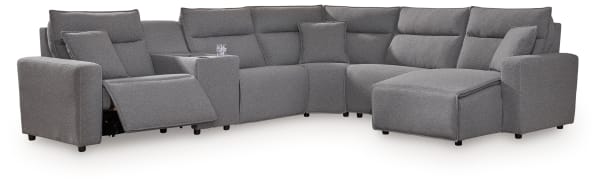 Modmax II - 6-Piece Power Reclining Sectional With RAF Press Back Power Chaise And Сonsole - Salt And Pepper