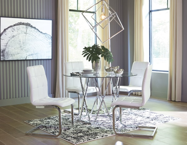Madanere - White / Chrome Finish - 5 Pc. - Dining Room Table, 4 Side Chairs