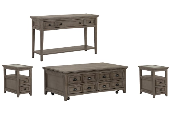 Paxton Place - Lift Top Storage Caster Cocktail Table With 2 Chairside End Tables And Sofa Table - Dovetail Gray