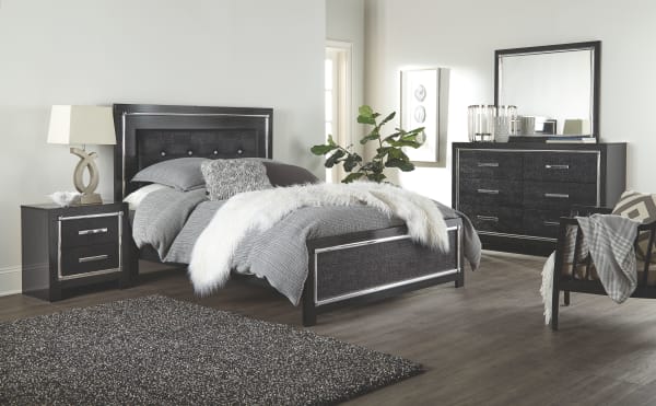 Kaydell - Black - 8 Pc. - Dresser, Mirror, King Upholstered Panel Bed, 2 Nightstands