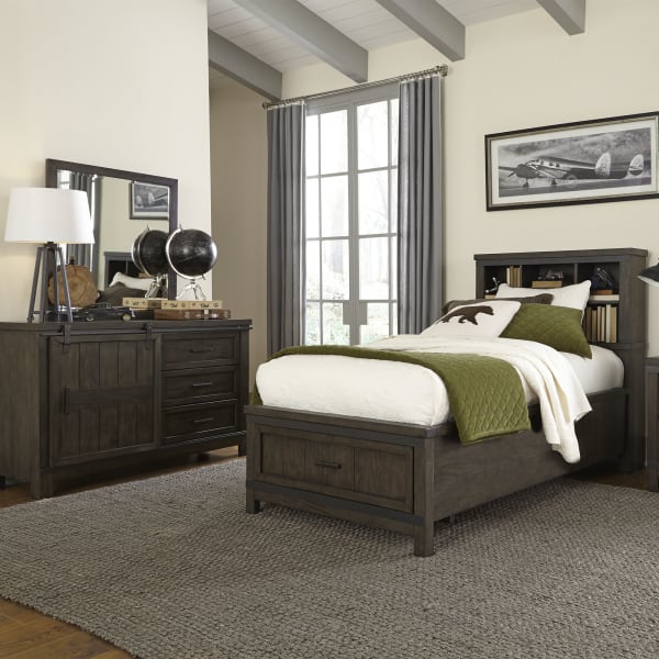 Thornwood Hills - 3 Piece Bedroom Set (Twin Bookcase Bed, Dresser & Mirror) - Dark Brown