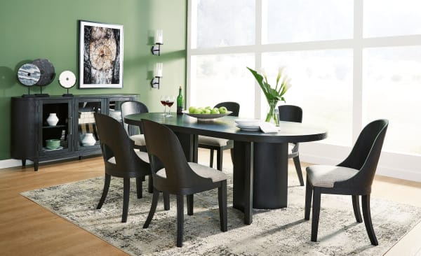 Rowanbeck - 8 Pc. - Dining Table, 6 Side Chairs, Server - Black