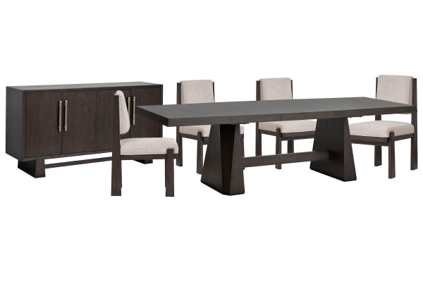 Tauren - Extendable Double Pedestal Dining Table With 4 Upholstered Side Chairs And Buffet - Coffee Bean / Beige