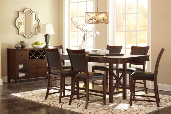 Collenburg - Dark Brown - 7 Pc. - Rectangular Dining Room Counter Extension Table, 6 Upholstered Barstools