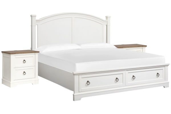 Kingston - California King Panel Storage Bed With 2 Nightstands - Whisper White And Cerused Nutmeg