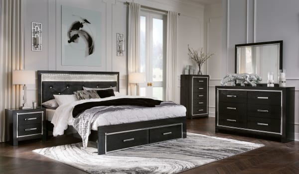 Kaydell - Black - 7 Pc. - Dresser, Mirror, King Upholstered Glitter Panel Storage Bed, 2 Nightstands