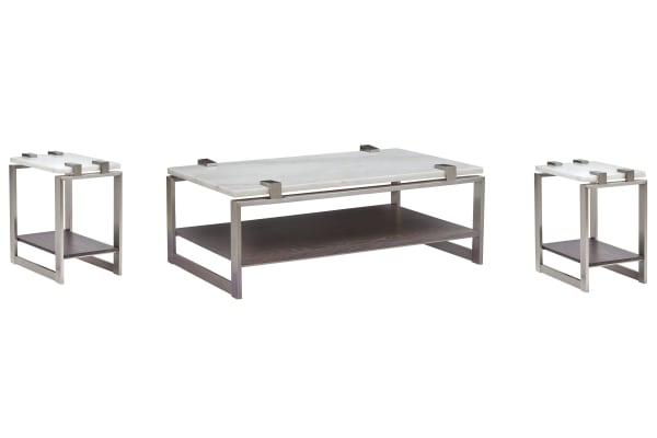 Paradox - Rectangular Cocktail Table With 2 Accent Tables - Pearl White And Roasted Almond And Brushed Platinum