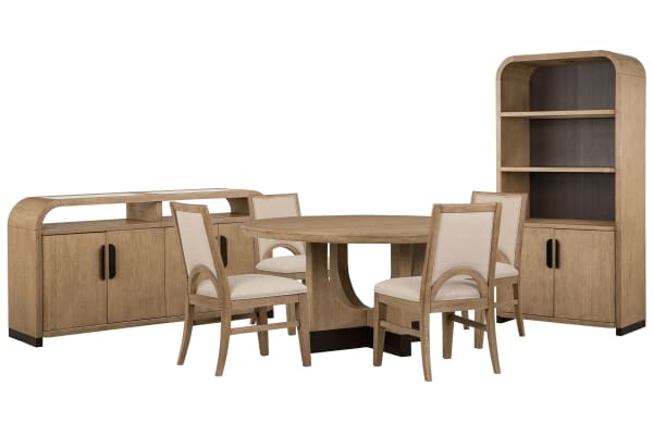 Tristan - 60" Round Dining Table With 4 Side Chairs, Sideboard And Dining Cabinet - Swiss Coffee / Beige