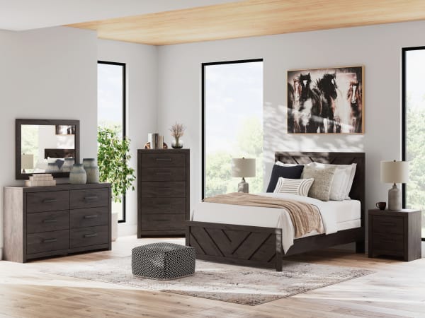 Prendonea - 5 Pc. - Dresser, Mirror, Chest, Full Panel Bed - Charcoal