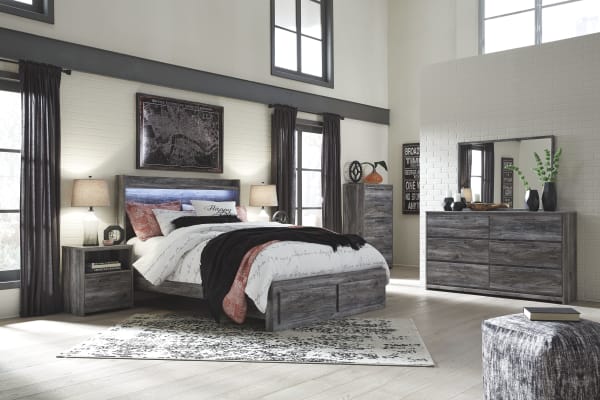 Baystorm - Gray - 6 Pc. - Dresser, Mirror, Queen Panel Bed with 2 Storage Drawers