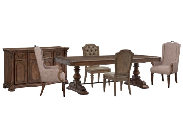 Durango - Extendable Trestle Dining Table With 2 Upholstered Side Chairs, 2 Host Chairs And Buffet - Willadeene Brown / Gray