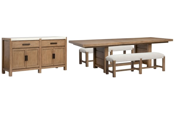 Plum Creek - Trestle Dining Table With 2 Benches And Server - Sierra Brown