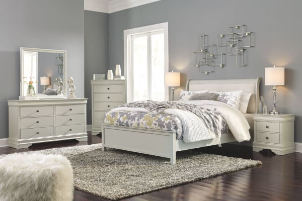 Jorstad - Gray - 4 Pc. - Dresser, Mirror, King Upholstered Sleigh Bed