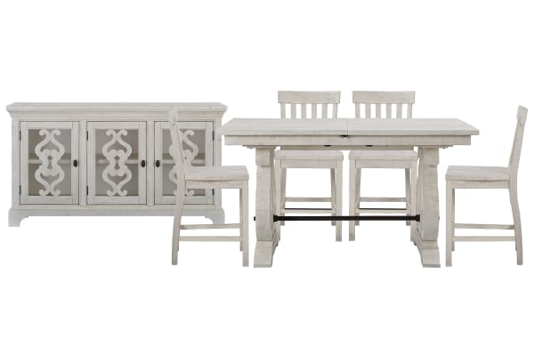 Bronwyn - Extendable Rectangular Counter Height Dining Table With 4 Counter Chairs And Server - Alabaster