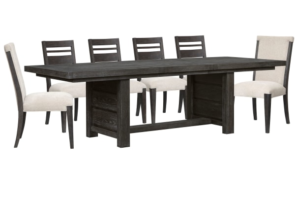 Plum Creek - Extendable Trestle Dining Table With 4 Side Chairs And 2 Upholstered Side Chairs - Ravenwood Black / White