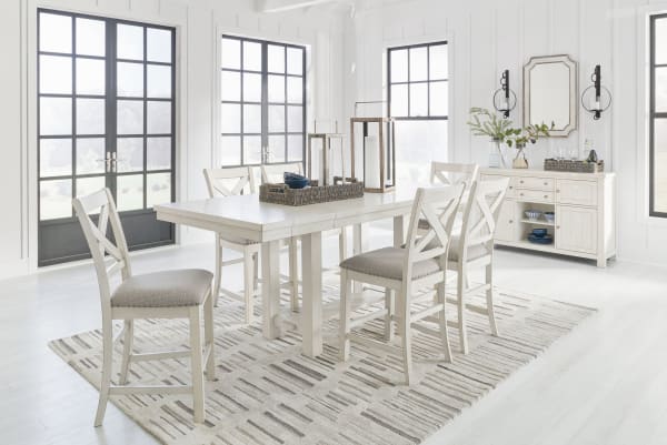 Robbinsdale - Antique White - 8 Pc. - Rectangular Counter Height Dining Extension Table, 6 Barstools, Server