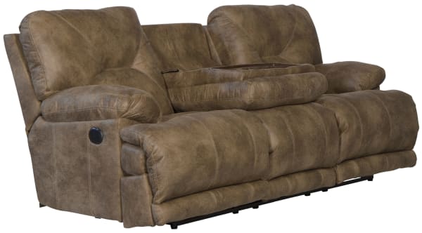 Voyager - Fabric Power Lay Flat Reclining Sofa With 3 Recliners And Drop Down Table - Brandy