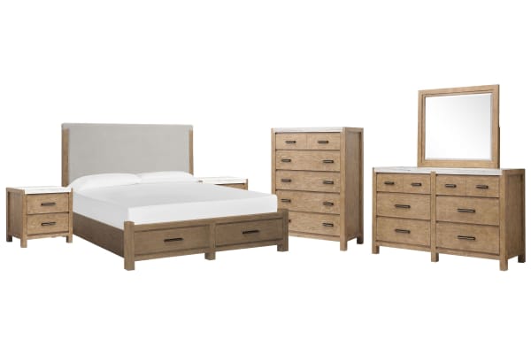 Plum Creek - Queen Upholstered Panel Storage Bed, 2 Nightstands, Drawer Dresser With Landscape Mirror And Drawer Chest - Sierra Brown / White