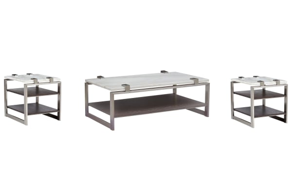 Paradox - Rectangular Cocktail Table With 2 End Tables - Pearl White And Roasted Almond And Brushed Platinum