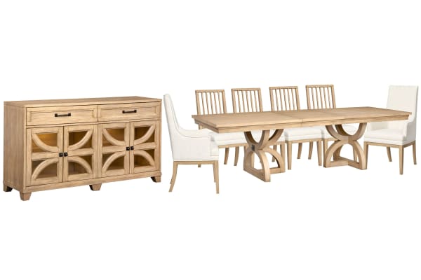 Coventry - Extendable Trestle Dining Table With 4 Side Chairs, 2 Host Chairs And Buffet - Honey Maple / White