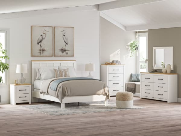 Linnocreek - White / Warm Brown - 6 Pc. - Dresser, Mirror, Queen Panel Bed, 2 Nightstands