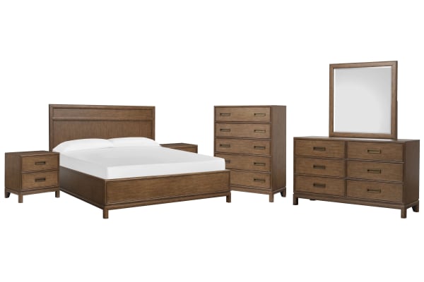 Ridgefield - California King Panel Bed, 2 Nightstands, Double Drawer Dresser With Landscape Mirror And Drawer Chest - Russet