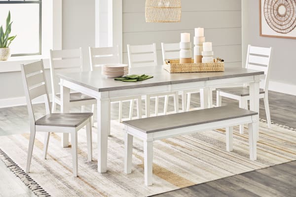 Nollicott - Whitewash / Light Gray - 8 Pc. - Butterfly Extension Table, 6 Side Chairs, Large Bench