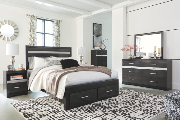 Starberry - Black - 9 Pc. - Dresser, Mirror, Chest, Queen Panel Bed with 2 Storage Drawers, 2 Nightstands