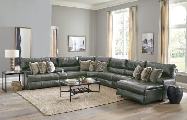 Como - 7 Piece Italian Leather Match Power Reclining Sectional With 2 Lay Flat Reclining Seats And RSF Chaise - Steel