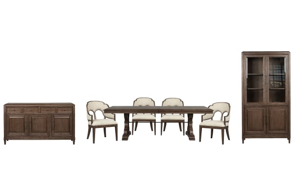 Jubilee - Extendable Trestle Dining Table With 4 Arm Chairs, Sideboard And Display Cabinet - Brown / White