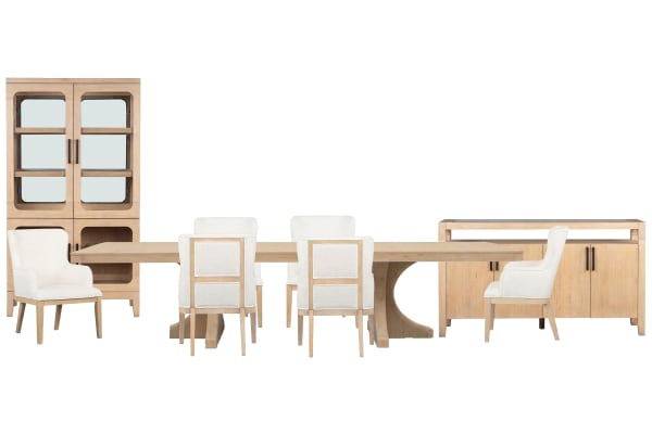 Somerset - Extendable Trestle Dining Table With 6 Arm Chairs, Sideboard And Curio - Butternut / White