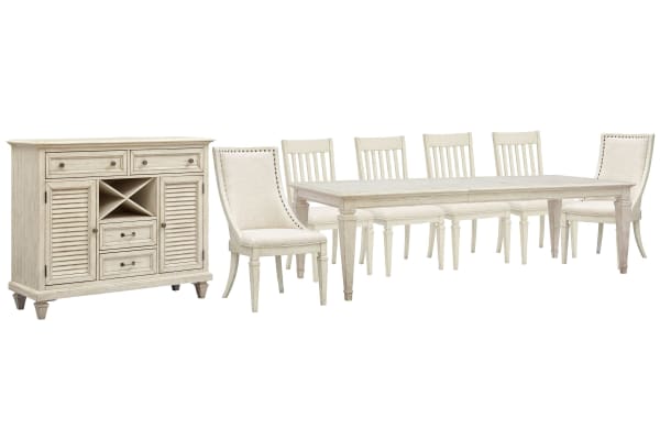 Newport - Extendable Rectangular Dining Table With 4 Side Chairs, 2 Arm Chairs And Server - Alabaster