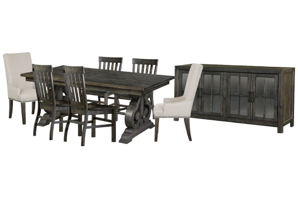 Bellamy - Extendable Rectangular Dining Table With 4 Side Chairs, 2 Host Chairs And Buffet - Peppercorn / Beige