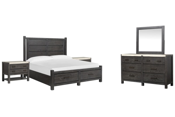 Plum Creek - Queen Panel Storage Bed, 2 Open Nightstands And Drawer Dresser With Landscape Mirror - Ravenwood Black
