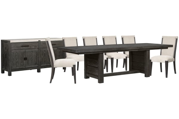 Plum Creek - Extendable Trestle Dining Table With 6 Upholstered Side Chairs And Sideboard - Ravenwood Black / White