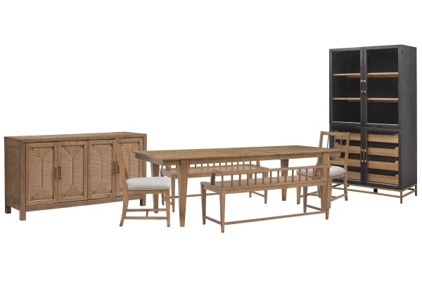 Lindon - Extendable Rectangular Dining Table With 2 Arm Benches, 2 Side Chairs, Buffet And Cabinet - Belgian Wheat / Gray