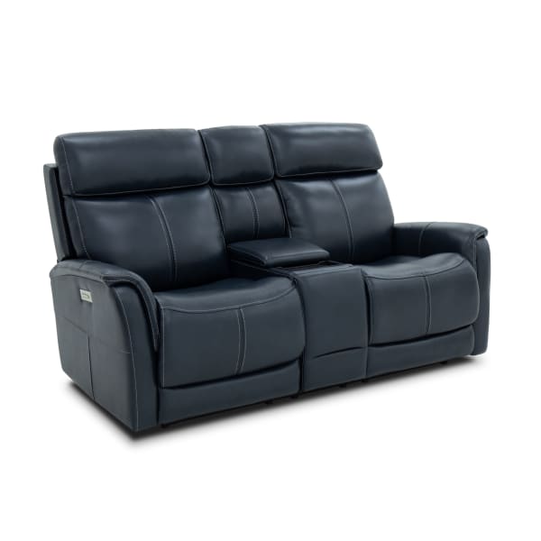 View - Power Reclining Loveseat With Console, Power Headrests & Lumbar - Blue