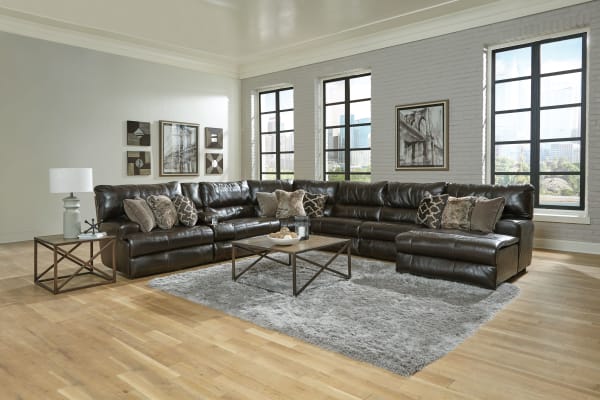 Como - 7 Piece Italian Leather Match Power Reclining Sectional With 2 Lay Flat Reclining Seats And RSF Chaise - Chocolate