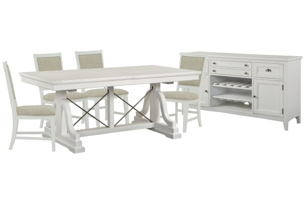 Heron Cove - Extendable Trestle Dining Table With 4 Upholstered Side Chairs And Buffet - Chalk White And Dovetail Gray