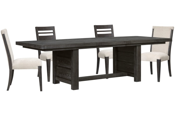 Plum Creek - Extendable Trestle Dining Table With 2 Side Chairs And 2 Upholstered Side Chairs - Ravenwood Black / White