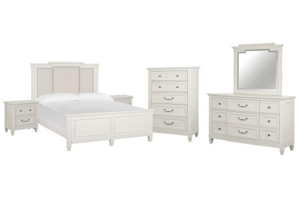 Willowbrook - California King Panel Upholstered Bed, 2 Nightstands, Drawer Dresser With Landscape Mirror And Drawer Chest - Egg Shell White