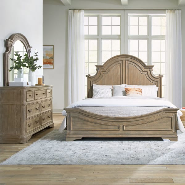 Magnolia Manor - King Panel Bed, Dresser & Mirror - Weathered Bisque
