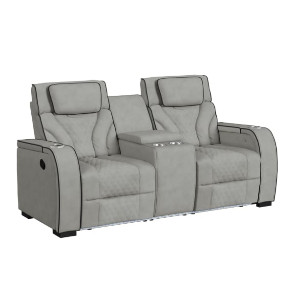 Blitz - Motion Loveseat With Console, And LED - Simba Taupe And Black Welt